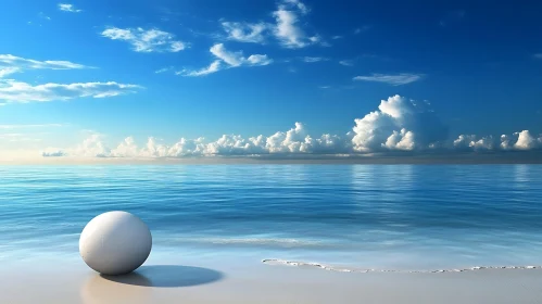 Calm Ocean with White Sphere on Sand