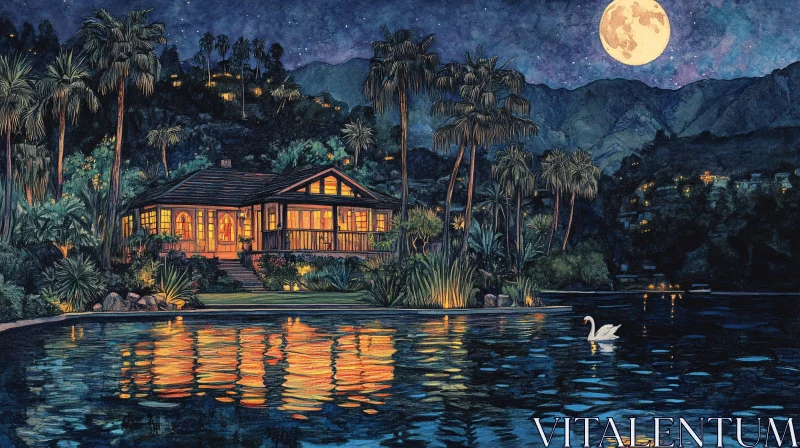 AI ART Serene Night Scene with Full Moon and Lake