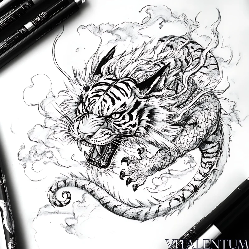 Monochrome Tiger-Dragon Hybrid Artwork AI Image