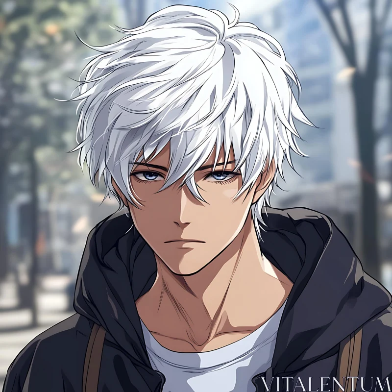 Serious Anime Character with White Hair AI Image