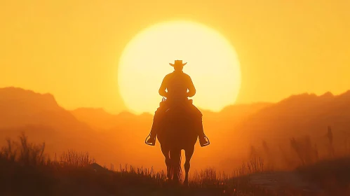 Cowboy Riding into the Sunset