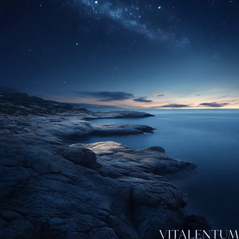 Starlit Night Over Calm Sea and Rocks AI Image