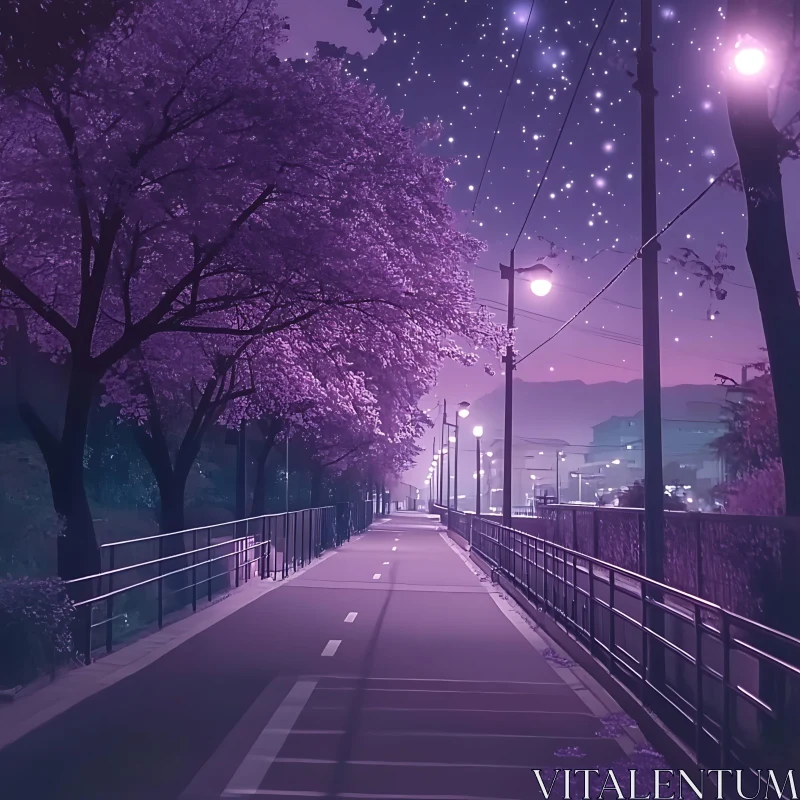 Mystical Night Path with Blooming Trees and Starry Sky AI Image