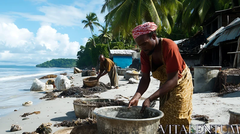 Beachside Workers: A Day's Toil by the Sea AI Image