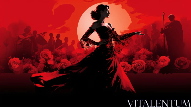 AI ART Flowing Red Dress Silhouette with Roses