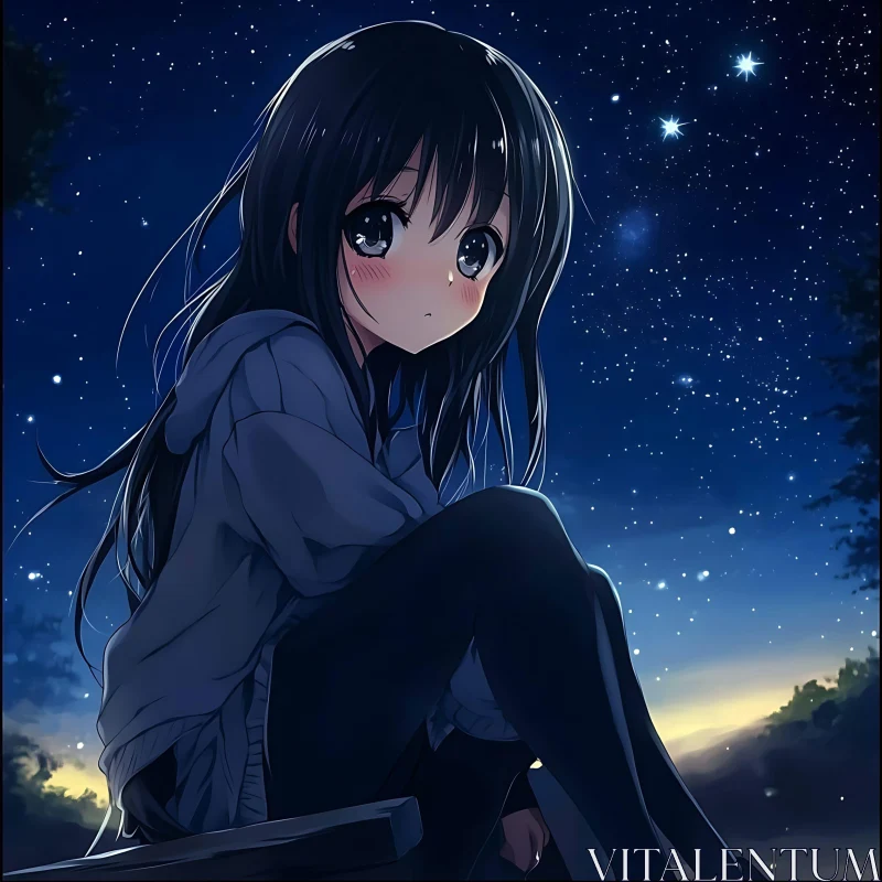 Anime Girl Under Starry Sky Illustration AI Image