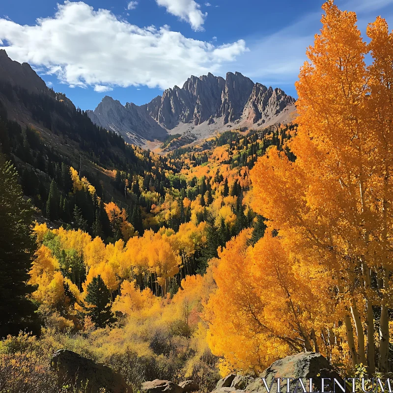 AI ART Autumnal Mountain Vista with Golden Trees