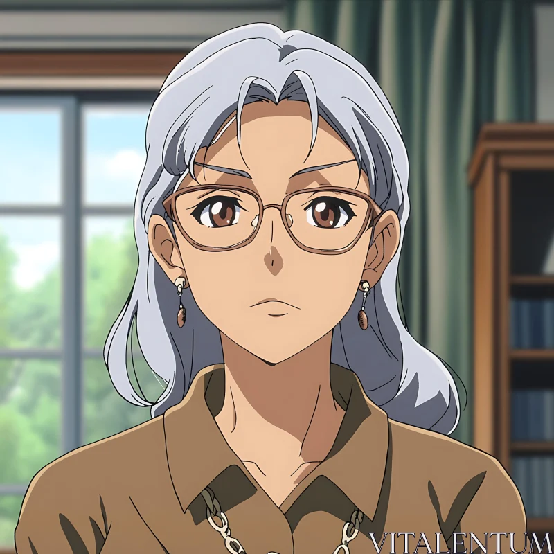 Silver-Haired Anime Woman in a Brown Blouse AI Image