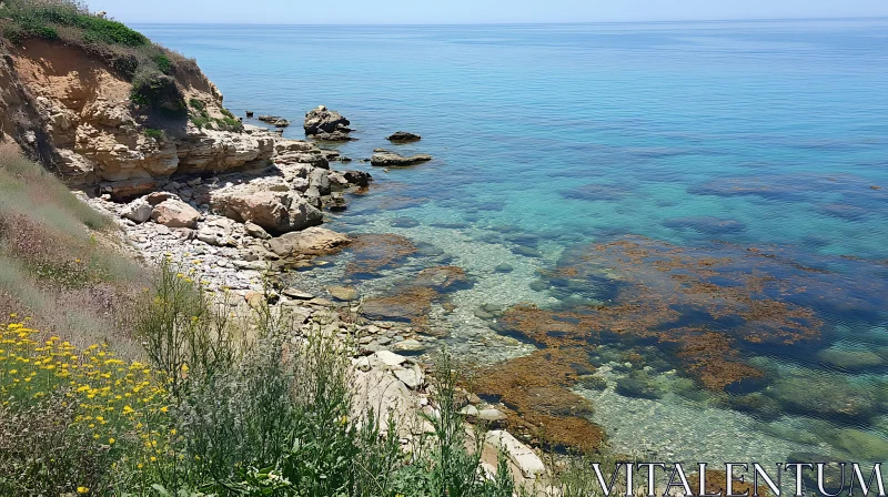 Coastal Serenity: Turquoise Waters and Rocks AI Image