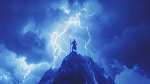 Silhouette on Mountain with Lightning