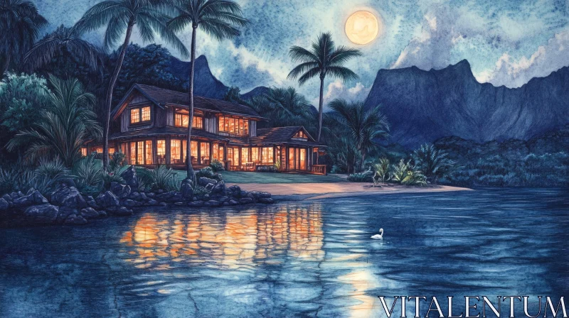 AI ART Peaceful Moonlit Cabin by the Lake