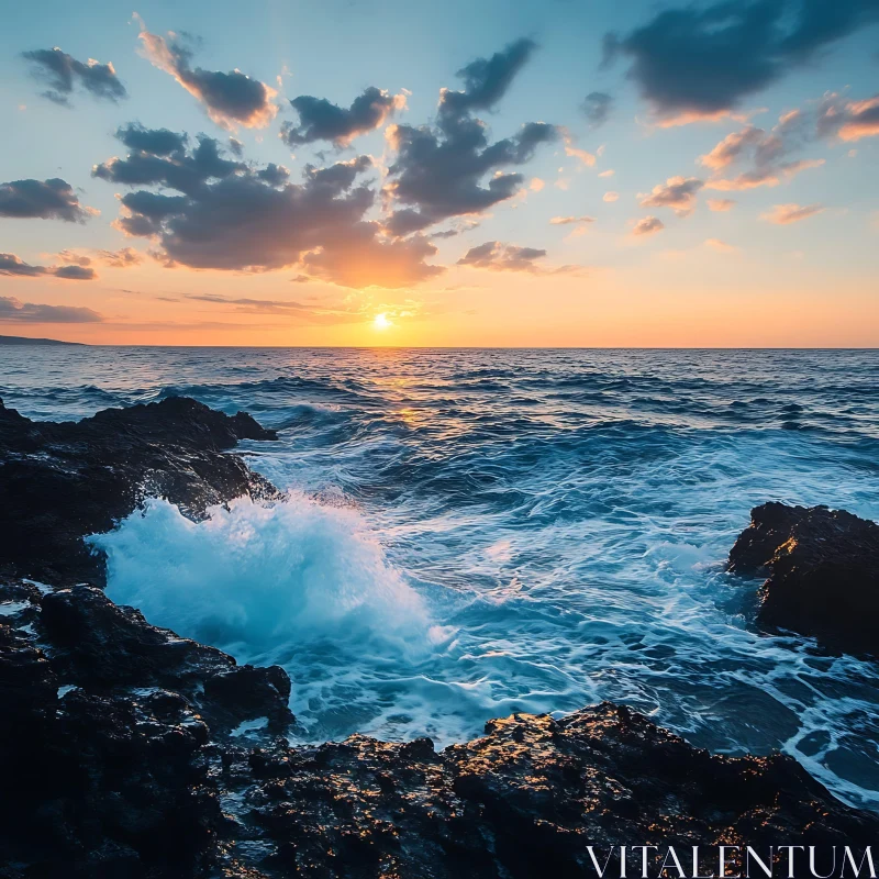 Ocean Sunset at Rocky Coast AI Image