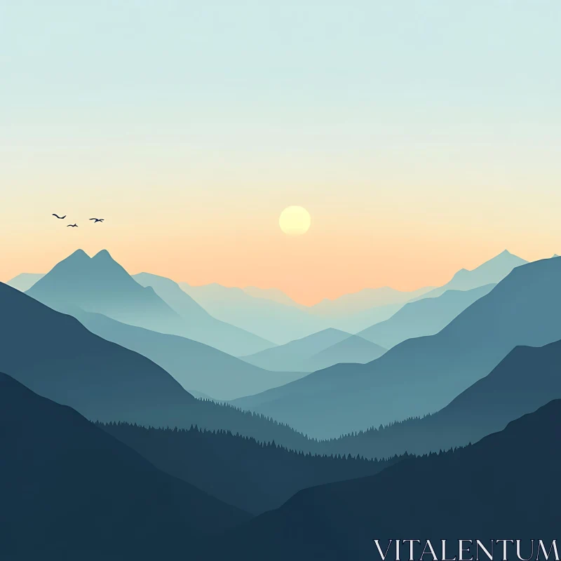 AI ART Layers of Mountains at Sunset