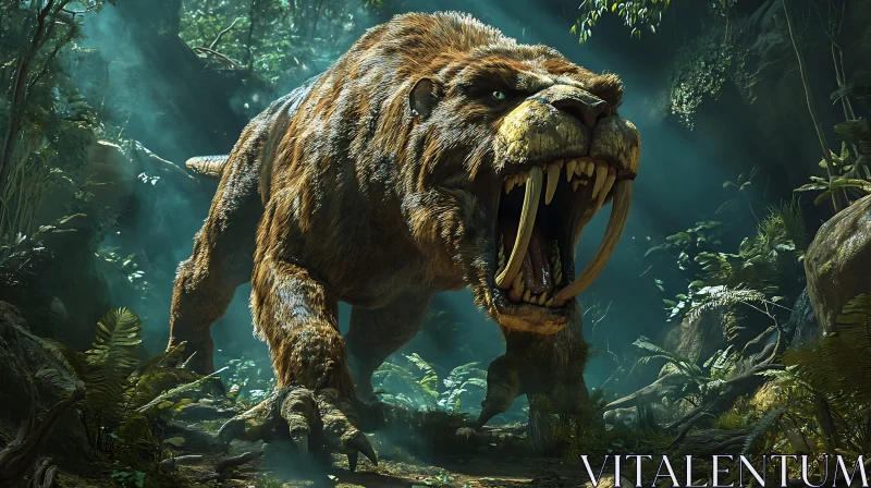 Majestic Saber-Toothed Tiger Roaring in the Forest AI Image