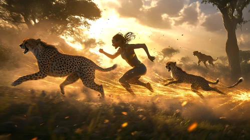 Cheetahs and Woman in Golden Light