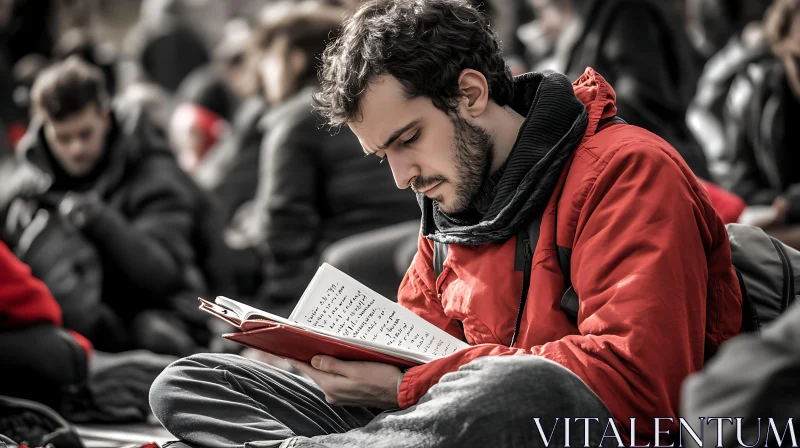 AI ART Engrossed Reader in Red Jacket