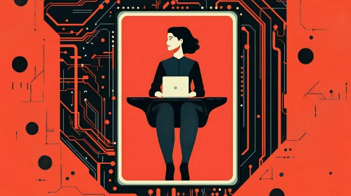 Woman with Laptop in Tech Frame