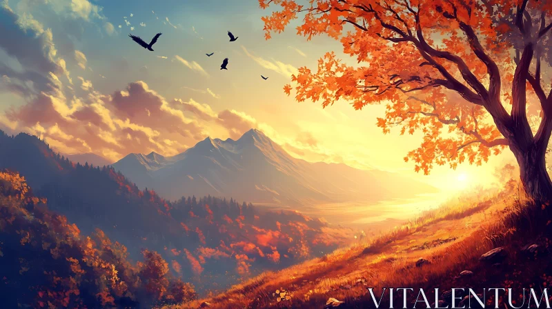 Autumnal Mountain Sunset with Birds AI Image