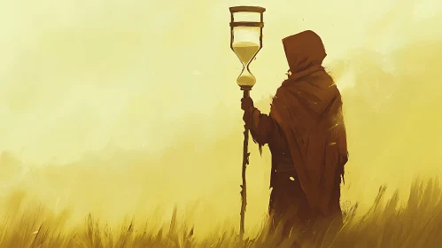 Hooded Figure with Hourglass in Golden Light