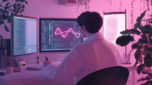 Programmer in a Pink-Lit Workspace