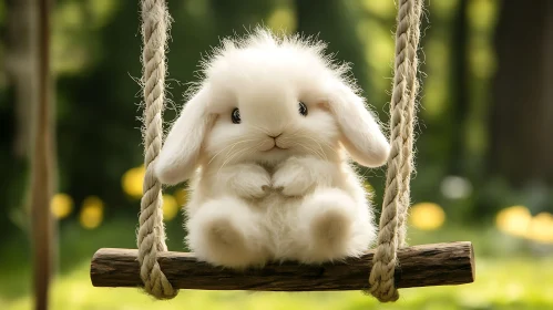 White Rabbit Swinging in Garden