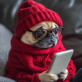 Cute Pug Wearing Glasses and Red Knit Outfit with Smartphone