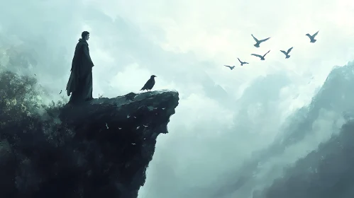 Misty Cliffside Vista with Birds