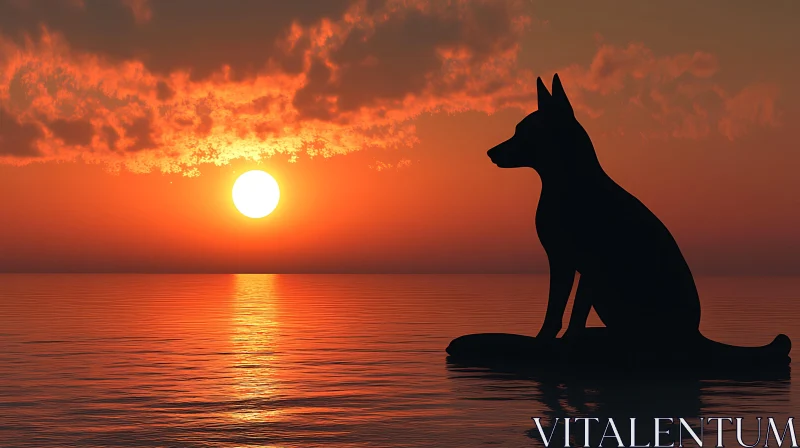 Peaceful Sunset with Dog Figure by the Sea AI Image