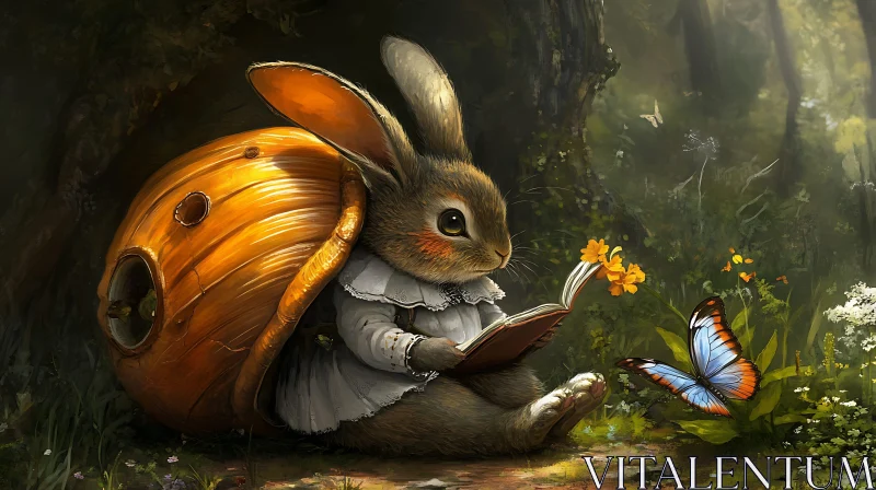 Rabbit Reading With Butterfly AI Image