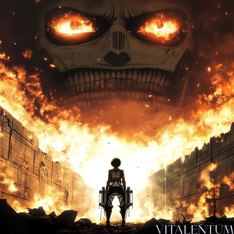 Soldier Amidst Flames and Destruction in Anime AI Image