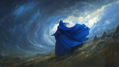 Figure in Blue Cloak Landscape Art