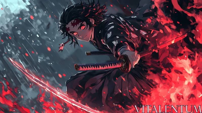 Fiery Anime Warrior with Dual Swords AI Image