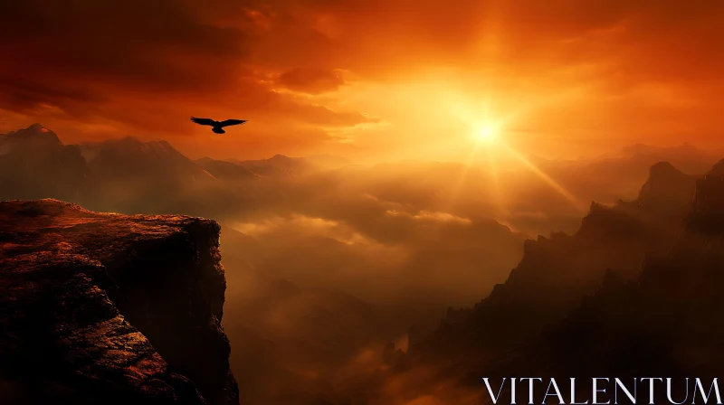 AI ART Bird Flying Over Mountain at Sunset