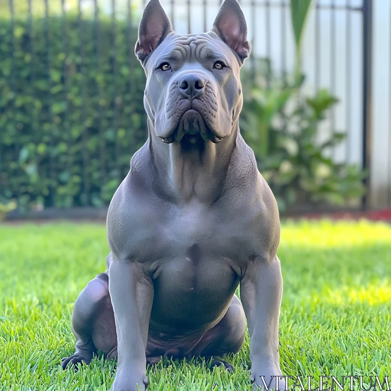 Portrait of a Strong Grey Dog on a Green Lawn AI Image