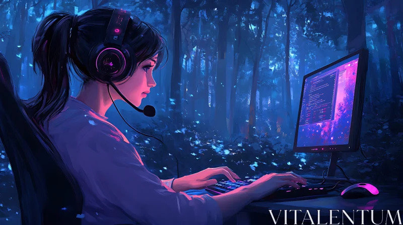 AI ART Girl Coding in a Magical Forest