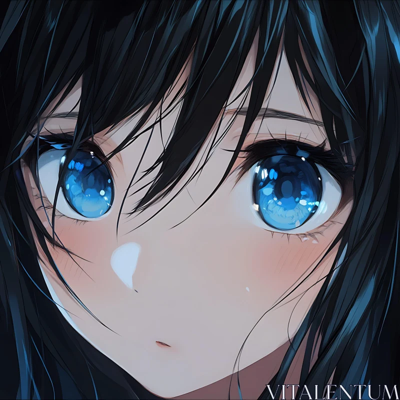 Emotional Anime Character with Blue Eyes and Black Hair AI Image