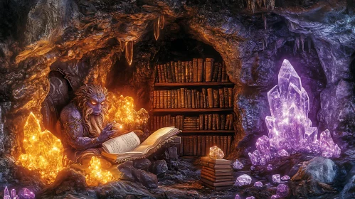 Fantasy Creature Reading Book In Cave