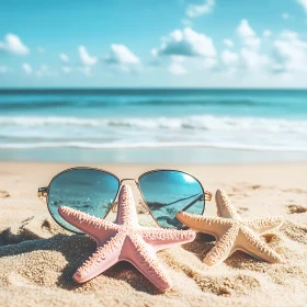 Starfish and Sunglasses on Sandy Beach