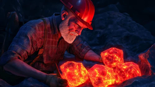 Underground Miner with Red Glowing Stones