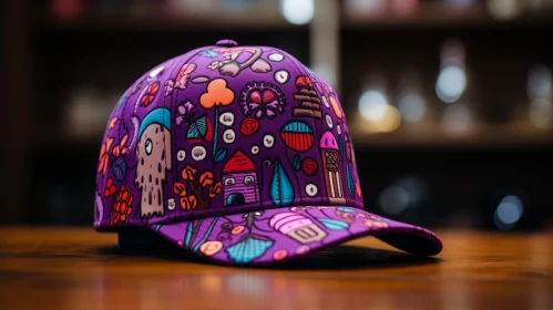 Captivating Hand-Drawn Purple Hat on Table | Vibrant Street Scene Design