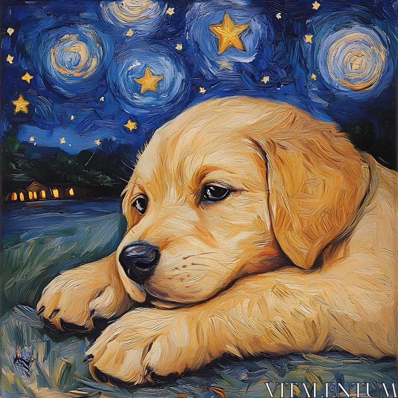 Golden Puppy Dreaming Under a Magical Night Sky AI Image