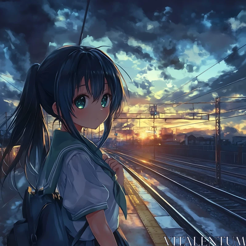 AI ART Sunset Scene with Anime Schoolgirl