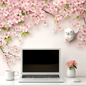 Tranquil Workspace Adorned with Blossoms and Laptop