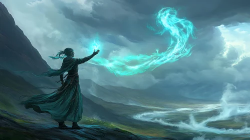Enchanting Wizard Casting Spell on Mountain