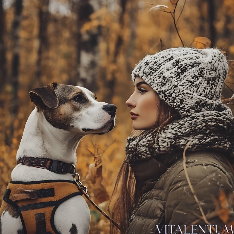 Deep Bond Between Woman and Dog in Fall Woods AI Image