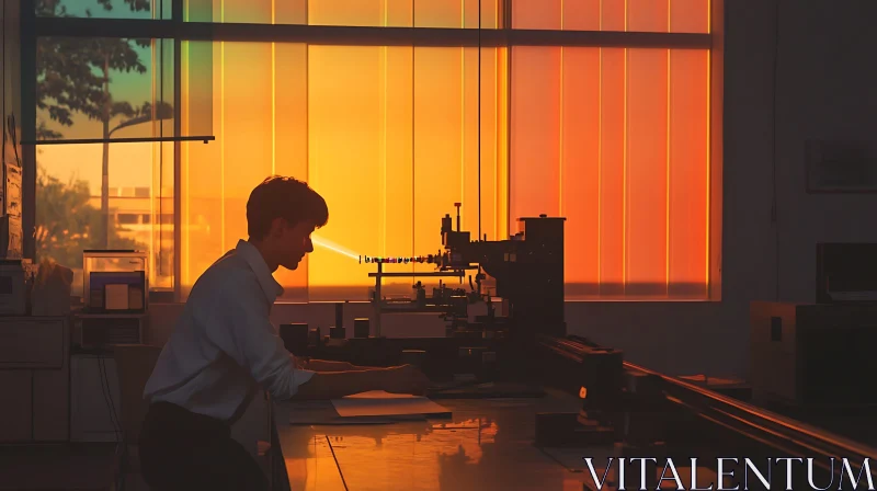 AI ART Scientist in Lab with Orange Sunlight