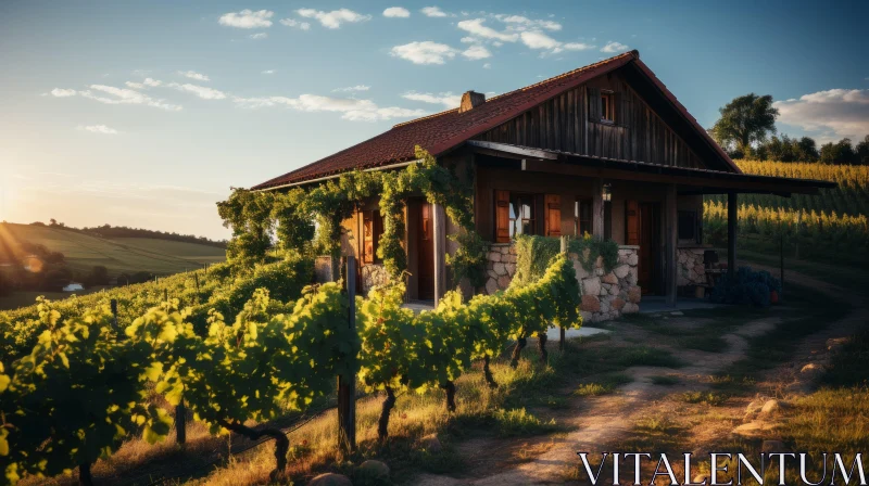 AI ART Rustic Charm: Small House in Vineyard at Sunset