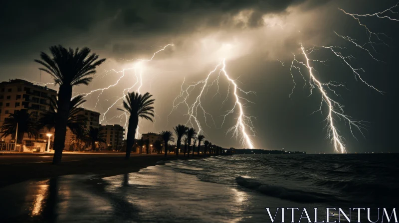 Stormy Night: Lightning Over Mediterranean Beach Landscape AI Image