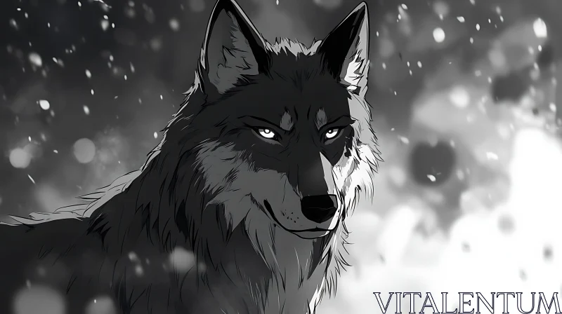 AI ART Monochrome Wolf in Winter Snowfall