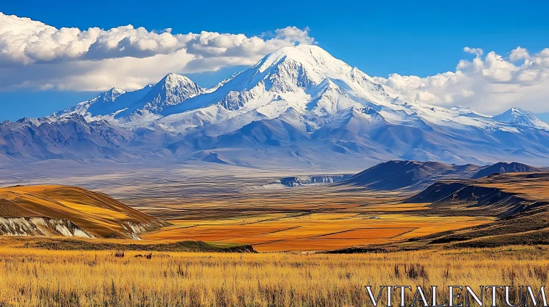 Snowy Mountains and Golden Field Landscape AI Image